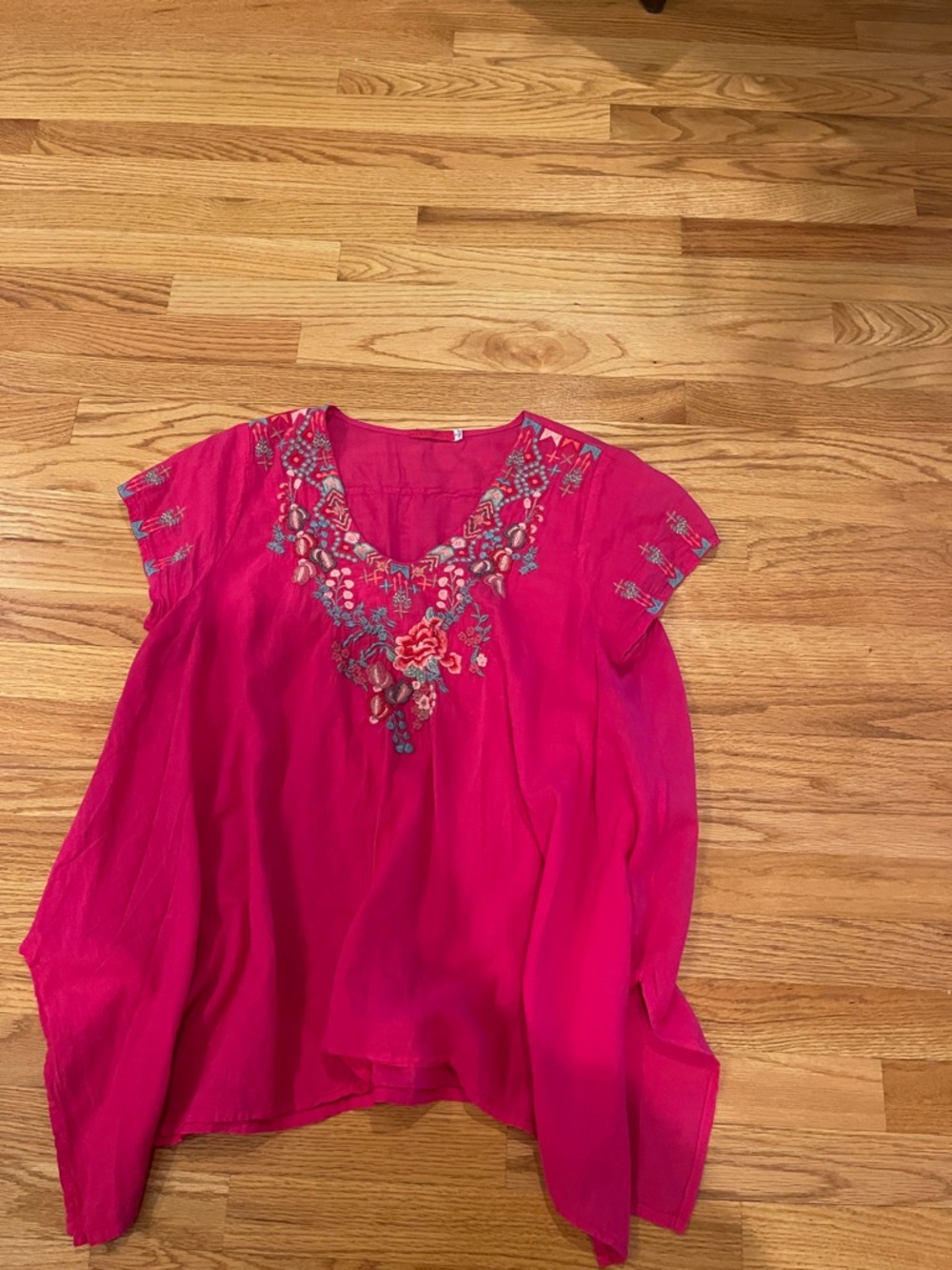 Johnny Was Fuchsia Embroidered V-Neck Tunic Top